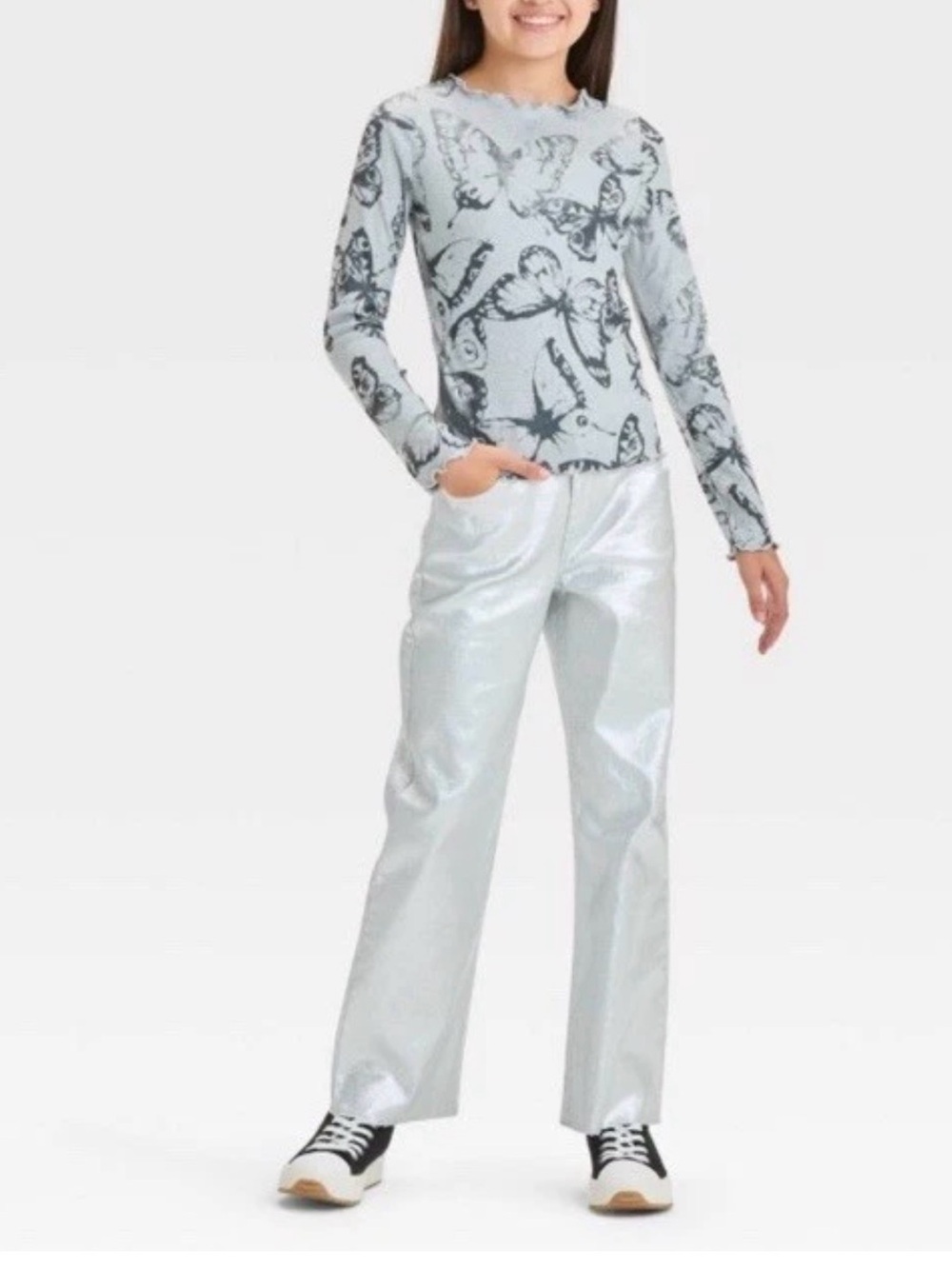art class Girls' Silver Metallic Baggy Hi-Rise Pants